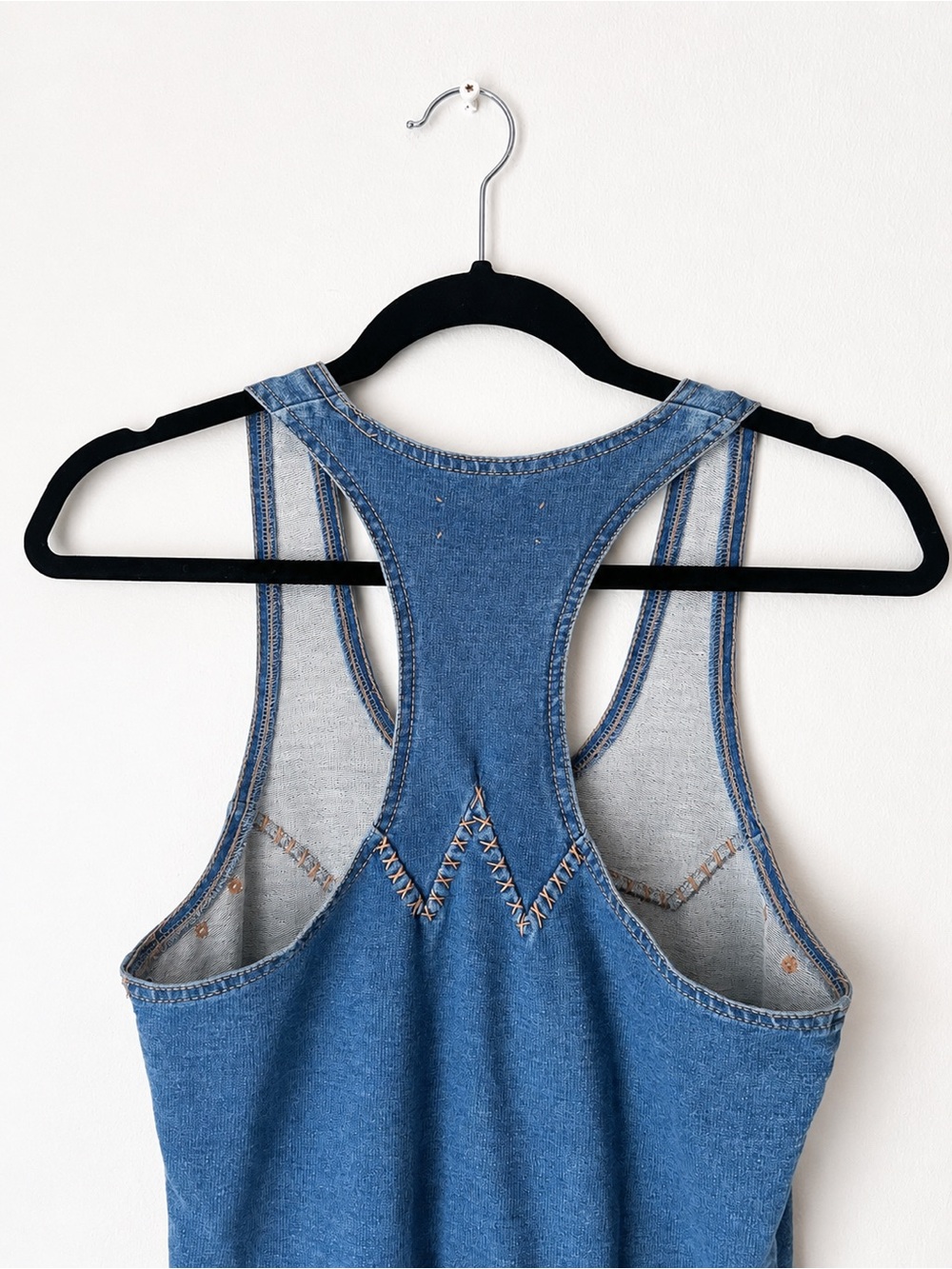 Blue Denim-Inspired Cotton Racerback Tank Dress with Pockets | Boho | Stretchy - Picture 6 of 8